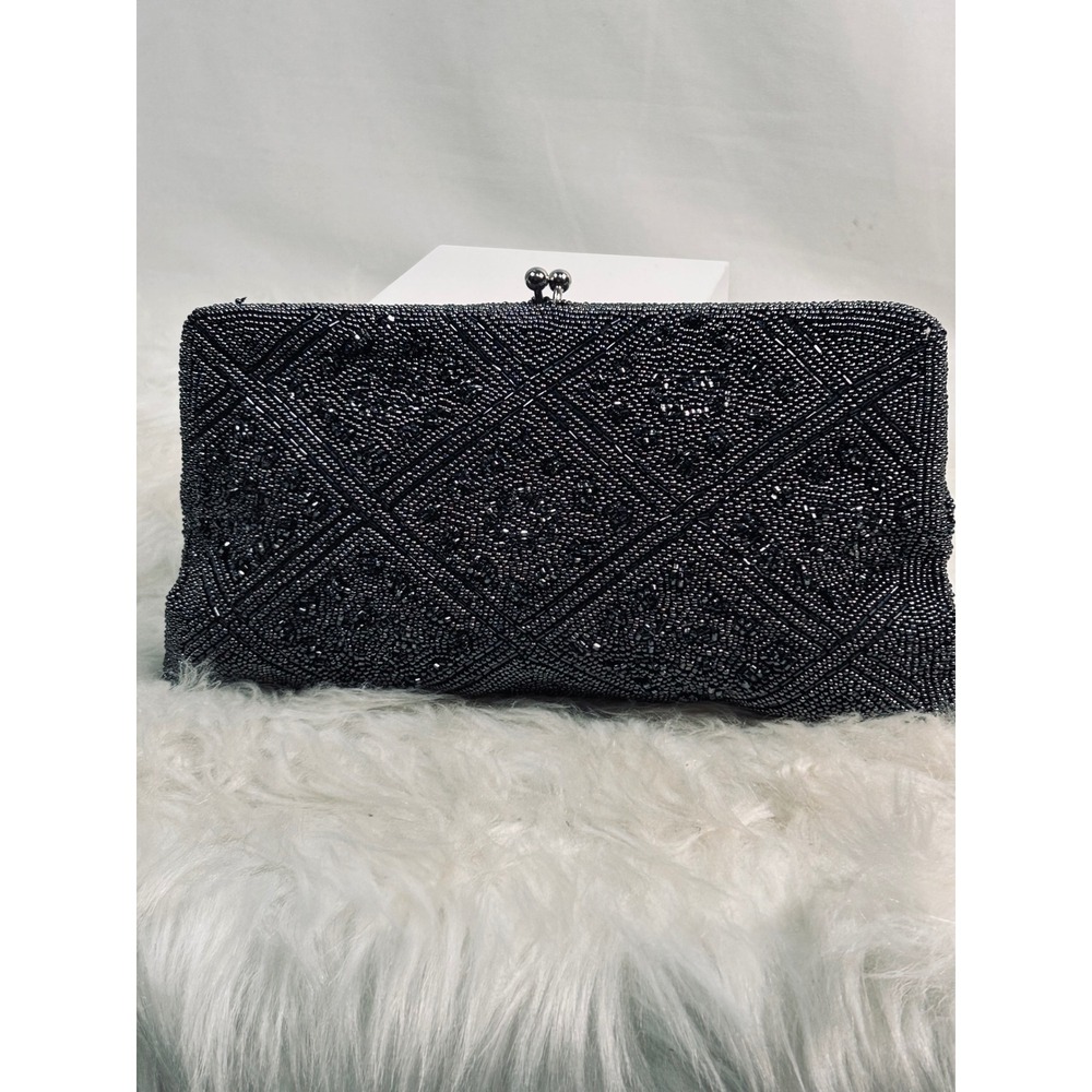 Vintage Nathans Galveston Beaded Clutch Bag Grey Geometric Kiss Lock Formal